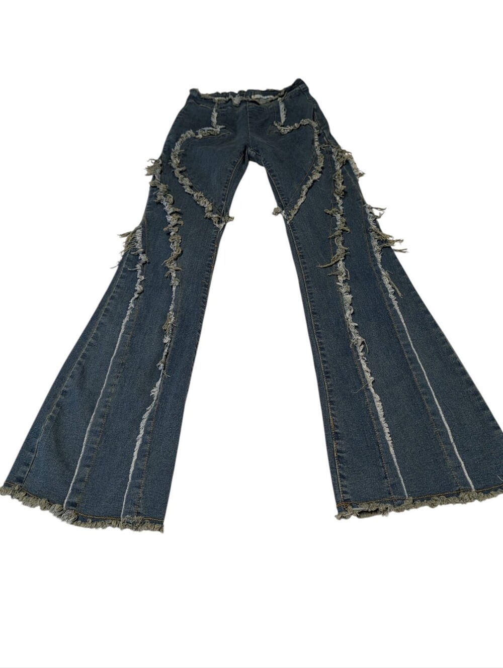 SHEIN Y2K Grunge Frayed Heart Flare Jeans Dark Denim Raw Trim Sz  XS